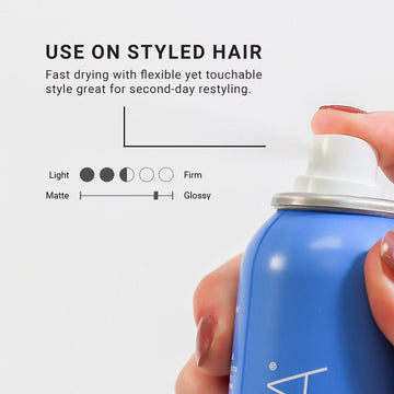 Close-up of Loma Finishing Hairspray being applied to styled hair for flexible second-day restyling