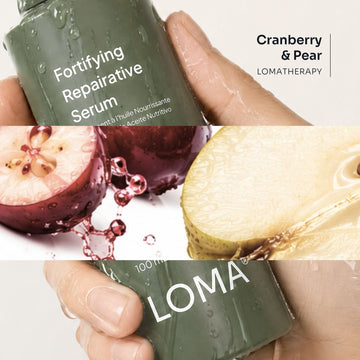 Loma Fortifying Repairative Serum with Cranberry and Pear aromatherapy imagery