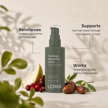 Loma Fortifying Repairative Serum benefits graphic highlighting resilience, shine, support for color-treated hair, and no-rinse use