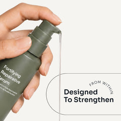 Loma Fortifying Repairative Serum dispensed from a pump bottle with text reading “Designed to Strengthen”