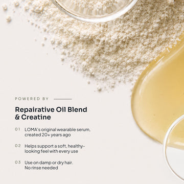 Loma Fortifying Repairative Serum benefits graphic featuring a Repairative Oil Blend and Creatine for soft, healthy-looking hair