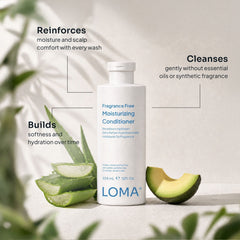 Loma Fragrance Free Moisturizing Conditioner with aloe and avocado, shown building softness and hydration while cleansing without essential oils or synthetic fragrance