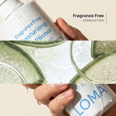 Loma Fragrance Free Moisturizing Conditioner bottle with aloe and citrus imagery, highlighting its fragrance-free formulation