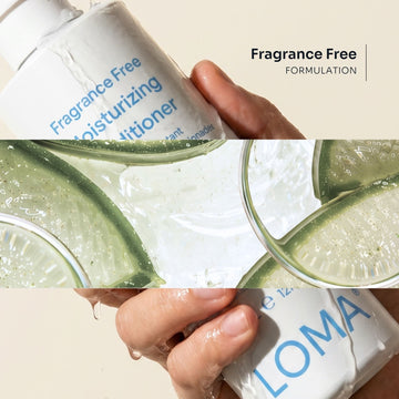 Loma Fragrance Free Moisturizing Conditioner bottle with aloe and citrus imagery, highlighting its fragrance-free formulation