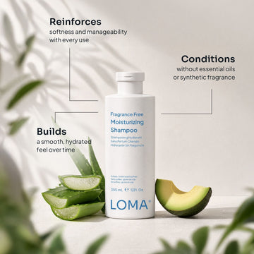 Loma Fragrance Free Moisturizing Shampoo 12 oz bottle with aloe and avocado, highlighting softness, manageability, and fragrance-free conditioning