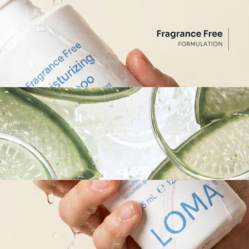 Wet Loma Fragrance Free Moisturizing Shampoo bottle held beside aloe and citrus imagery, featuring a fragrance-free formulation