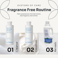 Fragrance Free Routine graphic showing Loma moisturizing shampoo, conditioner, and fragrance-free laundry detergent