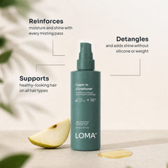 Loma Leave-In Conditioner 8 oz shown with detangling, shine, moisture, and silicone-free benefits