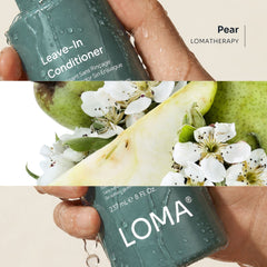 Loma Leave-In Conditioner shown in a wet product lifestyle graphic with pear aromatherapy