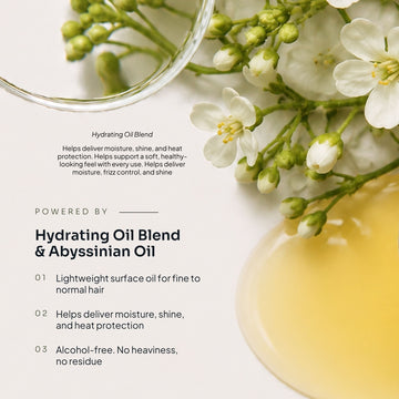 Loma Light Nourishing Oil Treatment formula graphic featuring Hydrating Oil Blend and Abyssinian Oil for fine to normal hair
