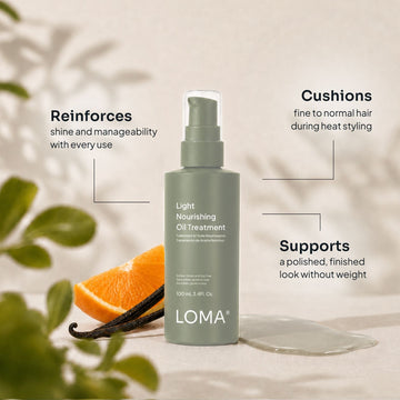 Loma Light Nourishing Oil Treatment graphic highlighting shine, manageability, heat styling support, and a weightless finish
