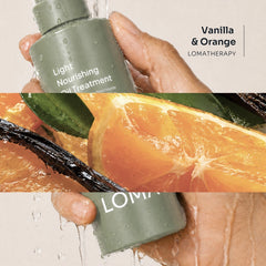 Loma Light Nourishing Oil Treatment with vanilla and orange aromatherapy imagery