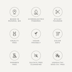 Loma product benefits graphic featuring icons for Monroe, Washington origins, hydroelectric power, stylist-founded care, cruelty-free and vegan formulas, color-safe hair care, paraben-free and sulfate-free cleansing, and unhealthy seed oil free