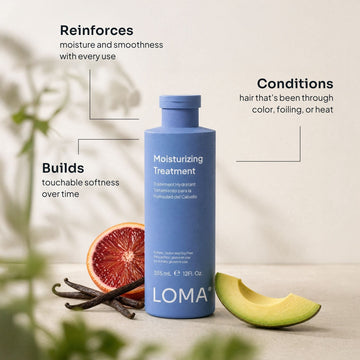 Loma Moisturizing Treatment 12 oz bottle with blood orange, avocado, and vanilla imagery, highlighting moisture, smoothness, softness, and conditioning for color-treated hair