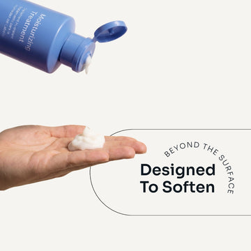 Loma Moisturizing Treatment dispensed from an open blue bottle onto a hand, demonstrating its rich creamy texture