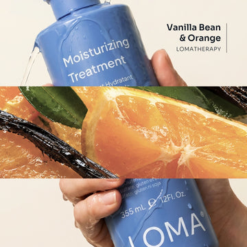 Loma Moisturizing Treatment held in wet hands beside vanilla bean and orange imagery, highlighting the Vanilla Bean and Orange LomaTherapy blend