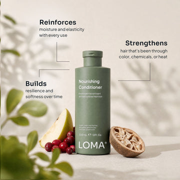Loma Nourishing Conditioner 12 oz bottle with pear, cranberries, and baobab imagery, highlighting moisture, elasticity, strength, resilience, and softness