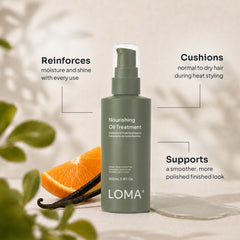 Loma Nourishing Oil Treatment 3.4 oz bottle with benefits for moisture, shine, heat styling, and a polished finish