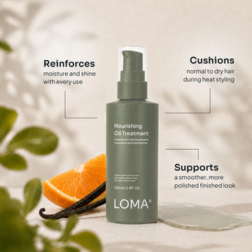 Loma Nourishing Oil Treatment 3.4 oz bottle with benefits for moisture, shine, heat styling, and a polished finish