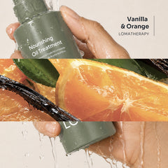 Loma Nourishing Oil Treatment 3.4 oz bottle with Vanilla and Orange aromatherapy imagery