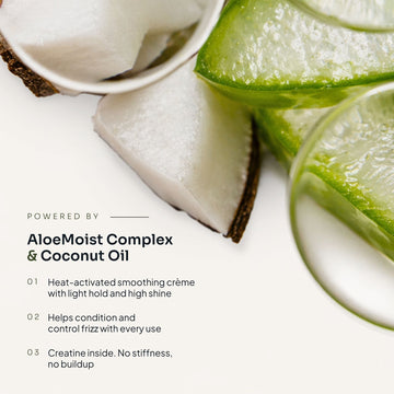 Loma Smoothing Crème benefits featuring AloeMoist Complex and coconut oil for heat-activated smoothing, conditioning, frizz control, and high shine