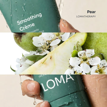Loma Smoothing Crème 6.7 oz tube with pear and white blossoms in a LomaTherapy lifestyle scene