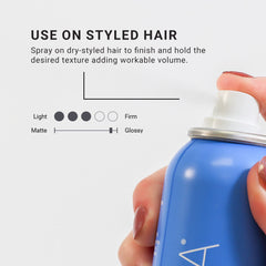 Close-up of Loma Texture & Finishing Spray being applied to styled hair with workable volume