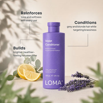 Loma Violet Conditioner 12 oz bottle with lemon, eucalyptus, and lavender, highlighting tone, softness, and brassiness control for grey and blonde hair
