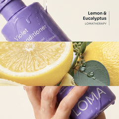 Wet purple Loma Violet Conditioner bottle held beside lemon and eucalyptus imagery, featuring Lemon and Eucalyptus LomaTherapy