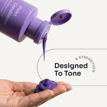 Purple Loma Violet Conditioner flowing from an open bottle onto a hand, with text highlighting toning and strengthening