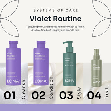 Violet Routine graphic showing Violet Shampoo, Violet Conditioner, Calming Crème, and Light Nourishing Oil Treatment for grey and blonde hair