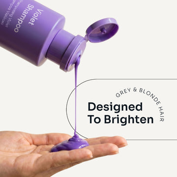 Purple Loma Violet Shampoo flowing from an open bottle onto a hand, with text highlighting grey and blonde hair