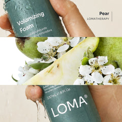 Loma Volumizing Foam with pear aromatherapy shown in a wet product lifestyle graphic