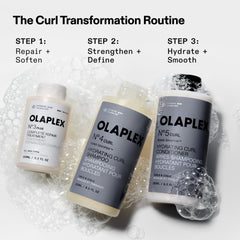OLAPLEX Curl Transformation Routine graphic showing three steps: repair and soften with Nº.3PLUS, strengthen and define with Nº.4CURL Shampoo, and hydrate and smooth with Nº.5CURL Conditioner