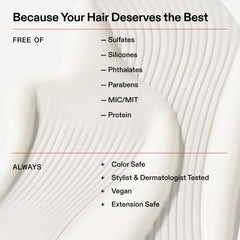 OLAPLEX Moisturize and Mend Leave-In Conditioner formula graphic listing ingredients it is free from and benefits including color-safe, stylist- and dermatologist-tested, vegan, and extension-safe qualities