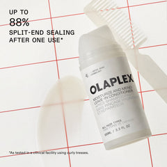 OLAPLEX Moisturize and Mend Leave-In Conditioner graphic showing the product beside a comb with a claim of up to 88% split-end sealing after one use