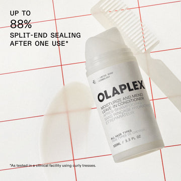 OLAPLEX Moisturize and Mend Leave-In Conditioner graphic showing the product beside a comb with a claim of up to 88% split-end sealing after one use