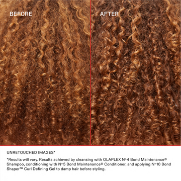 Before-and-after comparison showing auburn curls becoming more defined and separated after using OLAPLEX Nº.10 Bond Shaper Curl Defining Gel