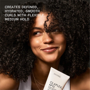 Model with defined, hydrated, smooth curls beside OLAPLEX Nº.10 Bond Shaper Curl Defining Gel and text describing flexible medium hold