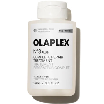 OLAPLEX Nº.3PLUS Complete Repair Treatment 3.3 oz bottle for all hair types on a white background