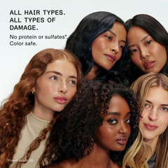 OLAPLEX Nº.3PLUS Complete Repair Treatment graphic featuring five people with different hair types and text stating it is for all hair types and all types of damage, with no protein or sulfates and color-safe