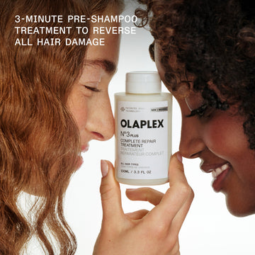 OLAPLEX Nº.3PLUS Complete Repair Treatment graphic showing two people and the product, described as a 3-minute pre-shampoo treatment for all hair damage