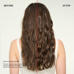 Before-and-after comparison showing long brown hair appearing smoother, shinier, and more defined after cleansing with OLAPLEX Nº.4 Bond Maintenance Strengthening Shampoo and conditioning with Nº.5 Conditioner