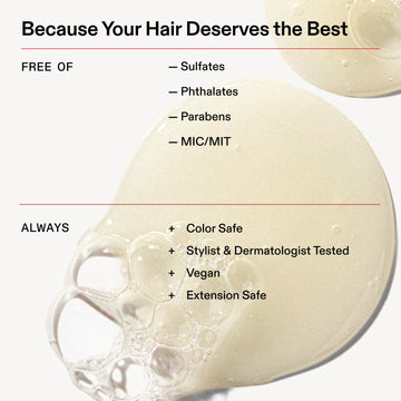 OLAPLEX Nº.4 Bond Maintenance Strengthening Shampoo formula benefits graphic listing sulfate-free, phthalate-free, paraben-free, MIC/MIT-free, color-safe, vegan, stylist- and dermatologist-tested, and extension-safe qualities