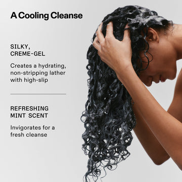 OLAPLEX Nº.4CURL Bond Shaper Hydrating Curl Shampoo graphic showing a person washing black curly hair with a silky creme-gel lather and refreshing mint scent
