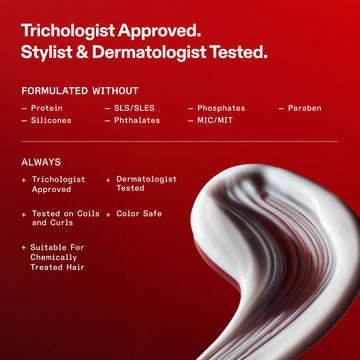 OLAPLEX Nº.4CURL Bond Shaper Hydrating Curl Shampoo formula graphic listing trichologist approval, stylist and dermatologist testing, and a formula without protein, silicones, SLS/SLES, phthalates, phosphates, MIC/MIT, or parabens