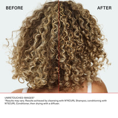 Before-and-after comparison showing frizzy brown curls transformed into more defined, hydrated curls after using the OLAPLEX Nº.4CURL system