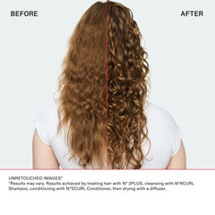 Before-and-after comparison showing long brown hair transformed from loose, frizzy waves into more defined curls after using the OLAPLEX Nº.4CURL system