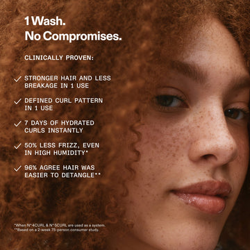 OLAPLEX Nº.4CURL Hydrating Curl Shampoo benefits graphic featuring a model with curly hair and claims about stronger hair, curl definition, hydration, reduced frizz, and easier detangling