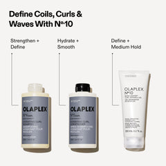 OLAPLEX curl routine graphic showing Nº.4CURL Bond Shaper Hydrating Curl Shampoo, Nº.5CURL Hydrating Curl Conditioner, and Nº.10 Bond Shaper Curl Defining Gel